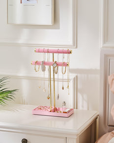 2-Tier Velvet Wrapped Necklace Holder Display with Removable Ring Tray