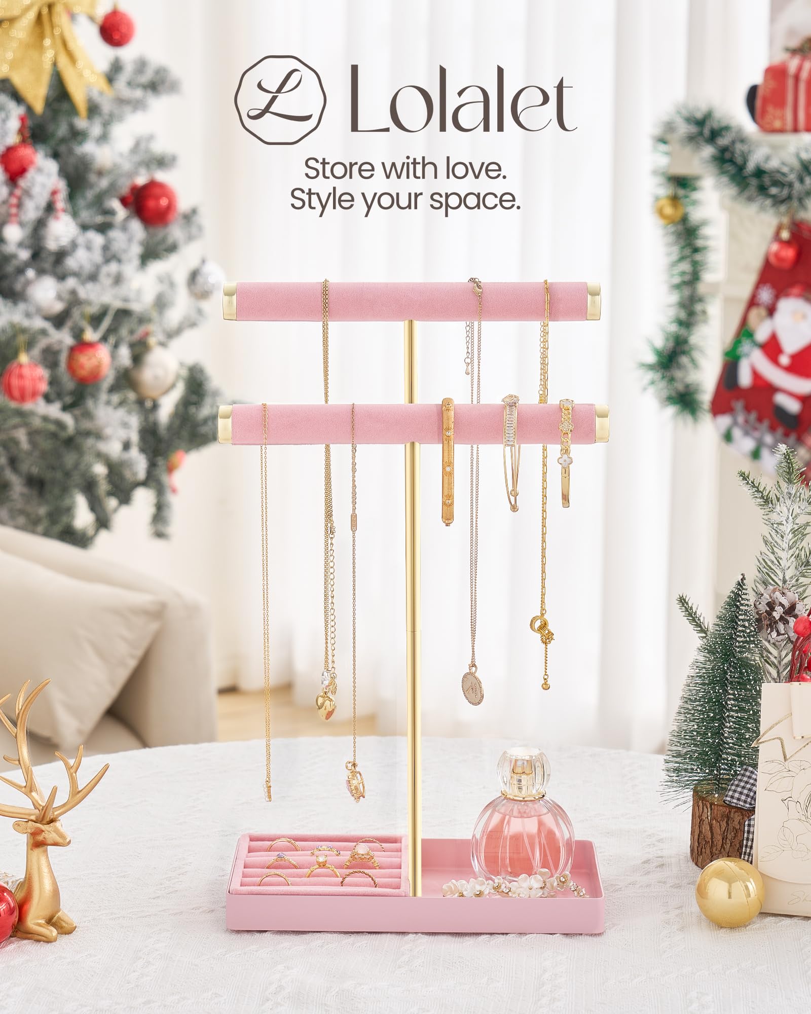 2-Tier Velvet Wrapped Necklace Holder Display with Removable Ring Tray