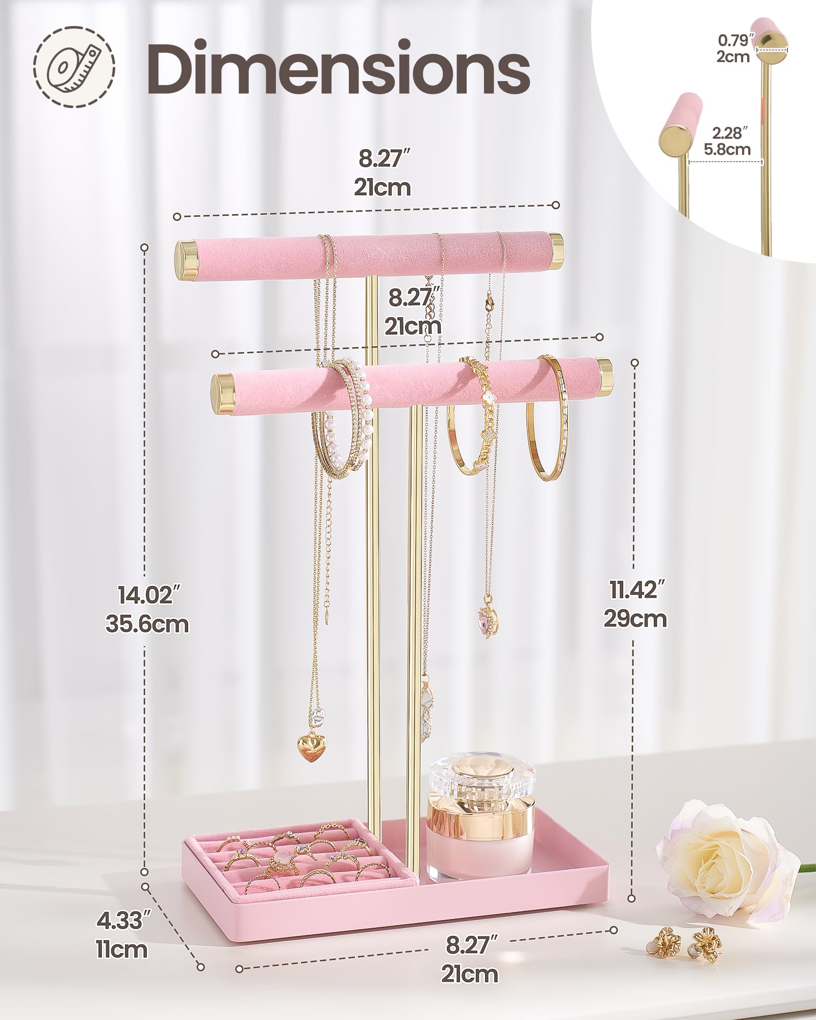 2-Tier Velvet Wrapped Necklace Holder Display with Removable Ring Tray