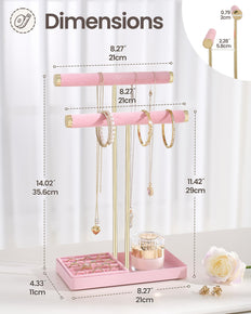 2-Tier Velvet Wrapped Necklace Holder Display with Removable Ring Tray