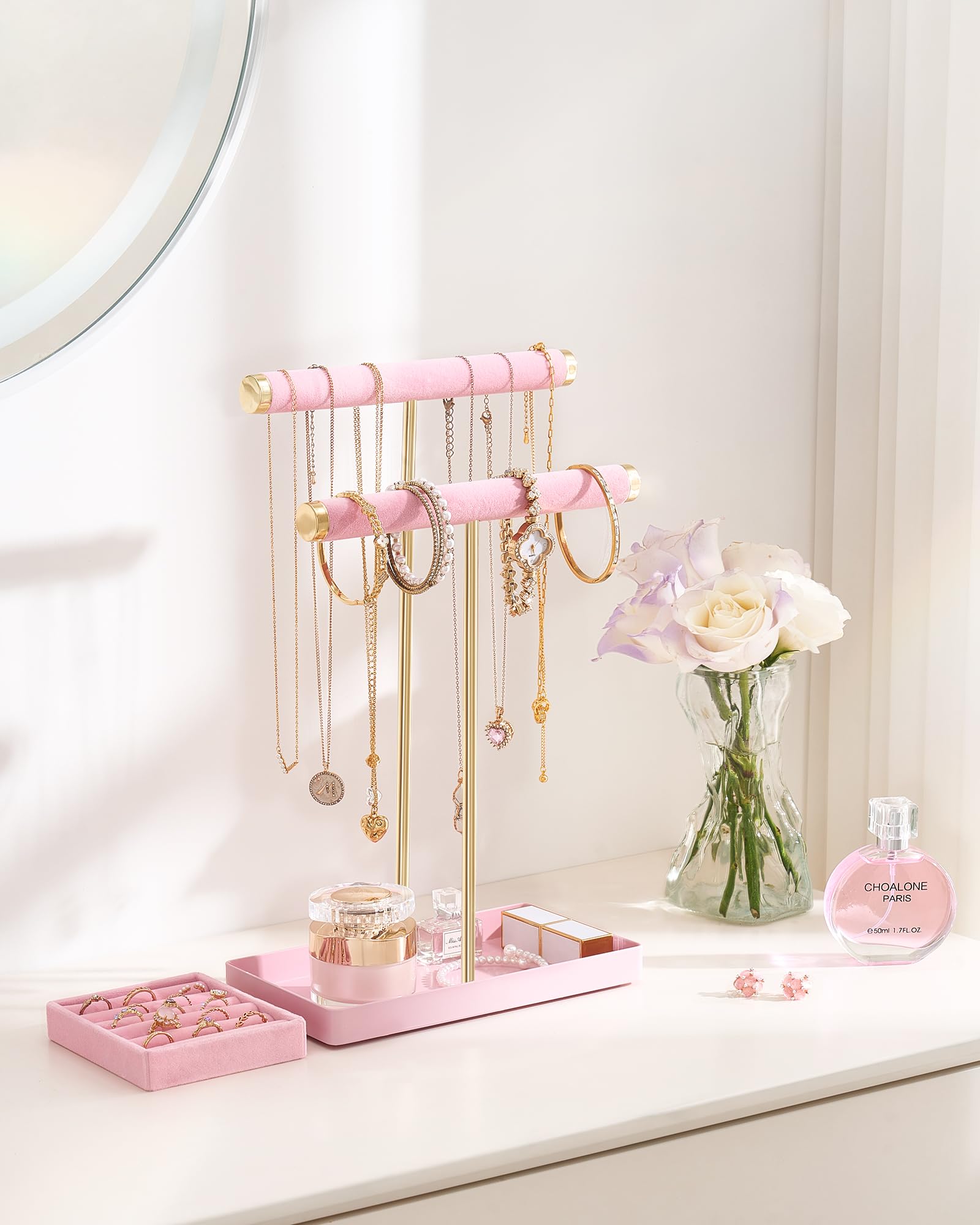 2-Tier Velvet Wrapped Necklace Holder Display with Removable Ring Tray
