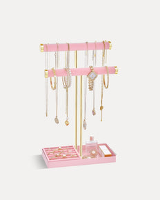 2-Tier Velvet Wrapped Necklace Holder Display with Removable Ring Tray