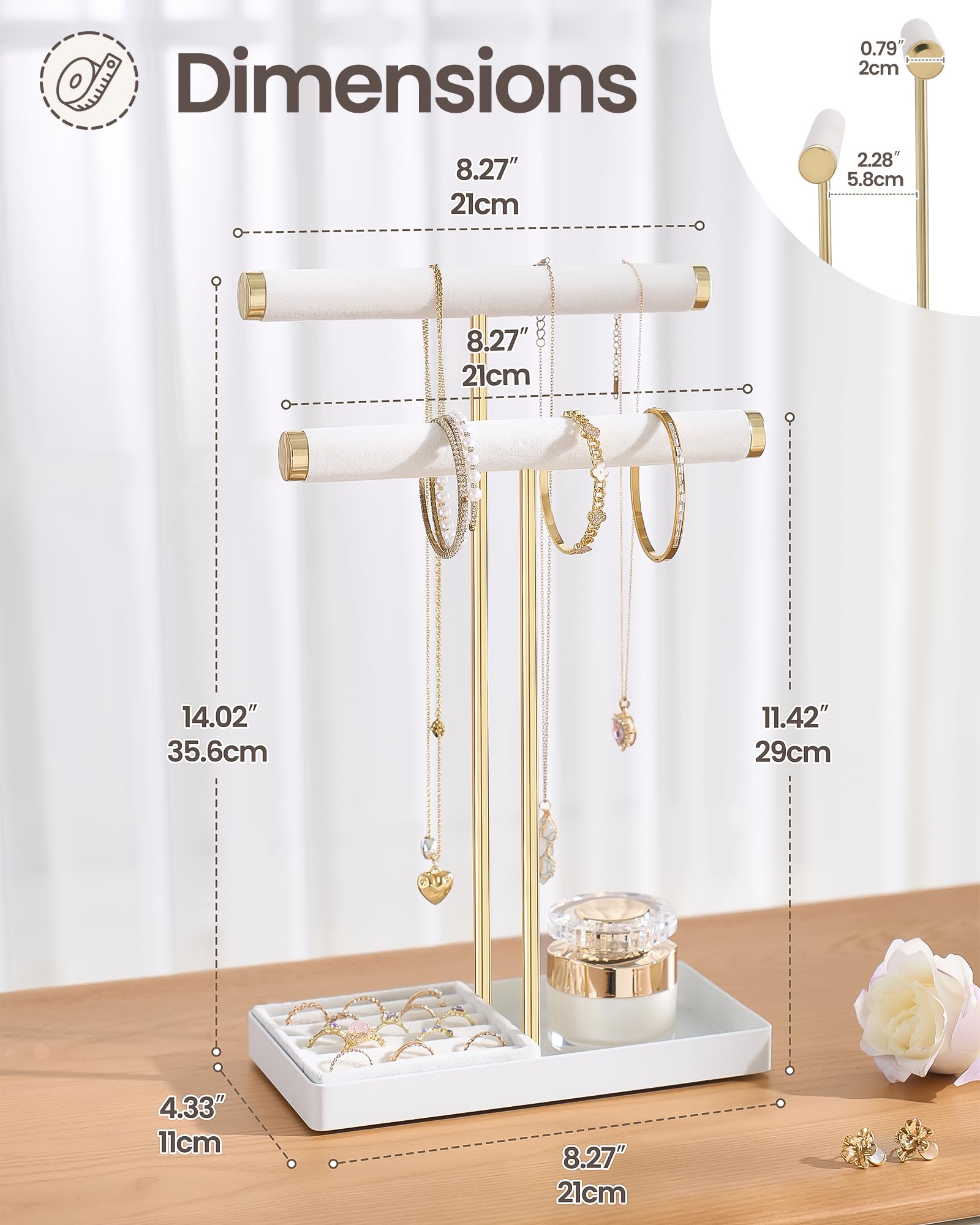 2-Tier Velvet Wrapped Necklace Holder Display with Removable Ring Tray