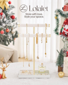 2-Tier Velvet Wrapped Necklace Holder Display with Removable Ring Tray