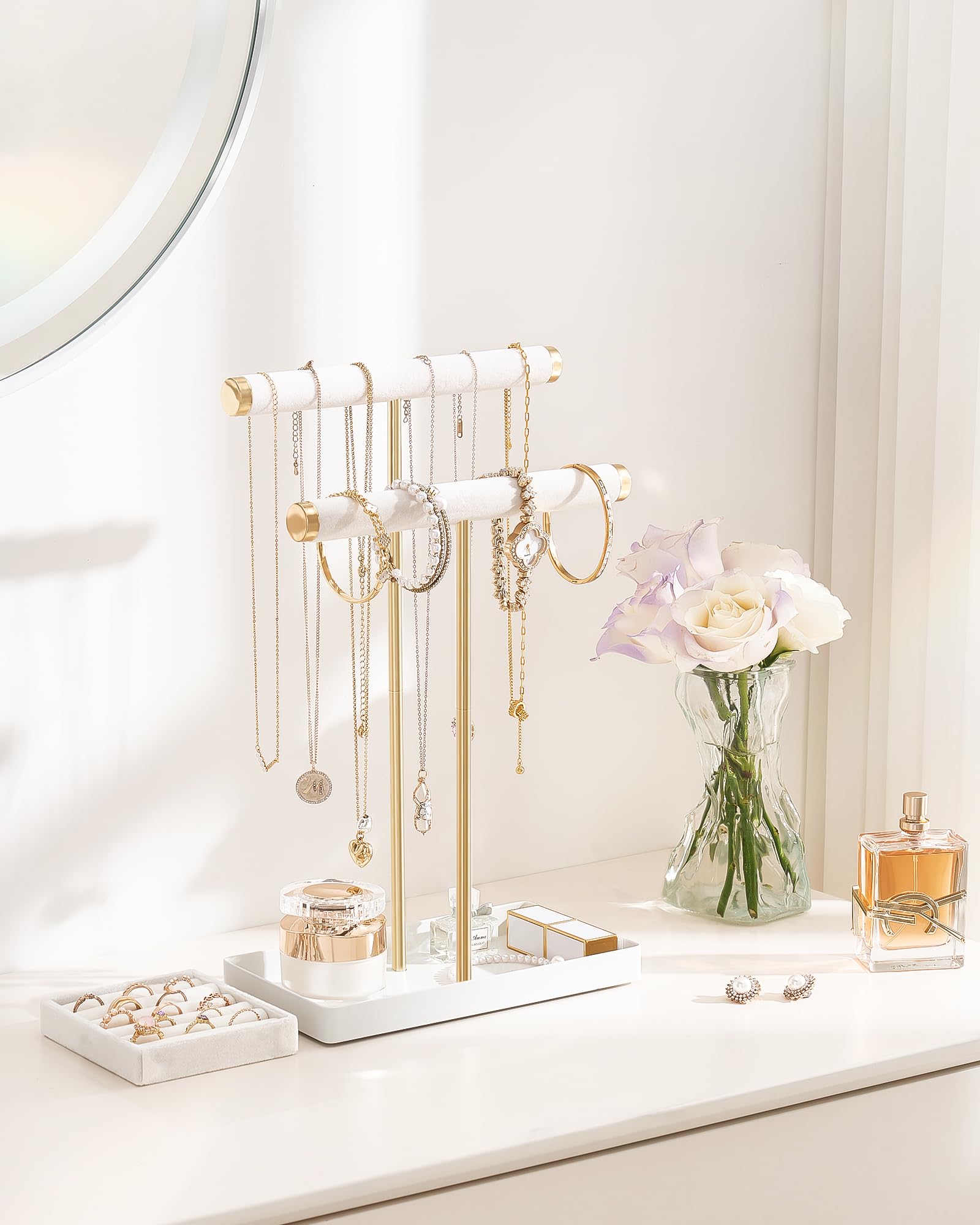 2-Tier Velvet Wrapped Necklace Holder Display with Removable Ring Tray