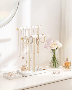 2-Tier Velvet Wrapped Necklace Holder Display with Removable Ring Tray