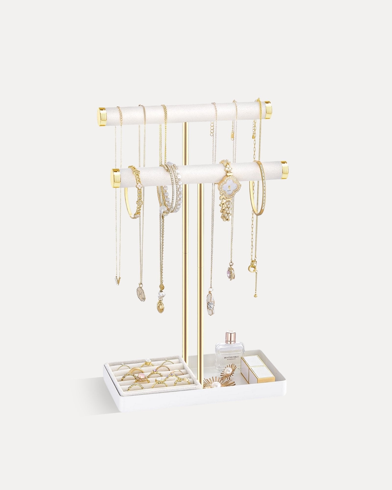 2-Tier Velvet Wrapped Necklace Holder Display with Removable Ring Tray