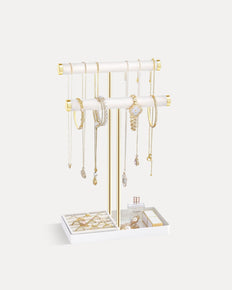 2-Tier Velvet Wrapped Necklace Holder Display with Removable Ring Tray