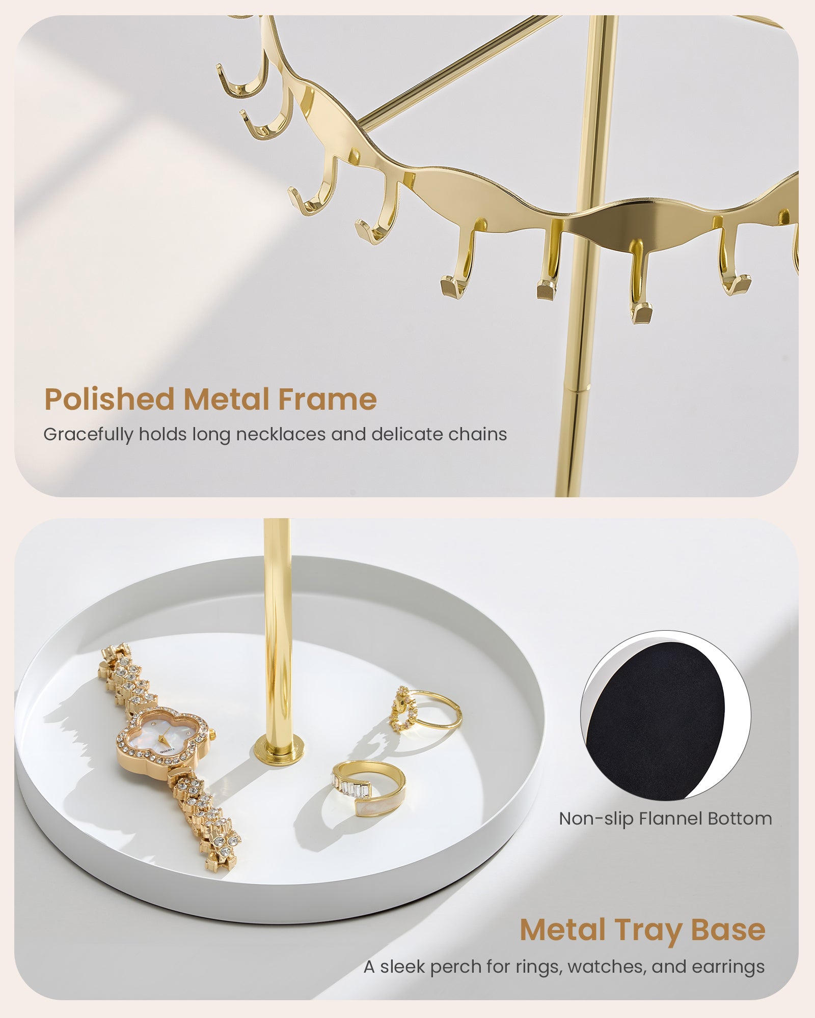 Necklace Organizer Holder with 26 Hooks & Metal Base Tray