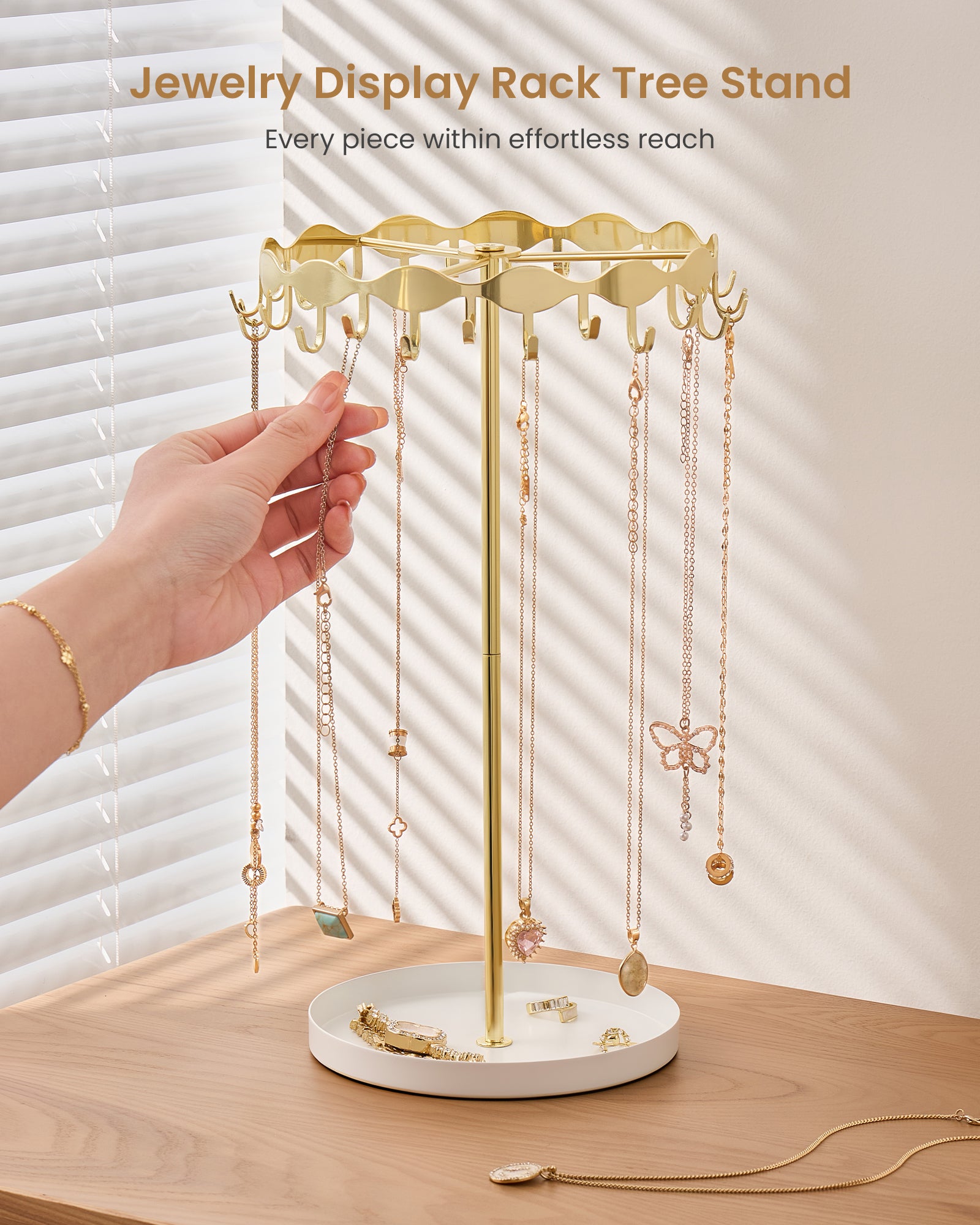 Necklace Organizer Holder with 26 Hooks & Metal Base Tray