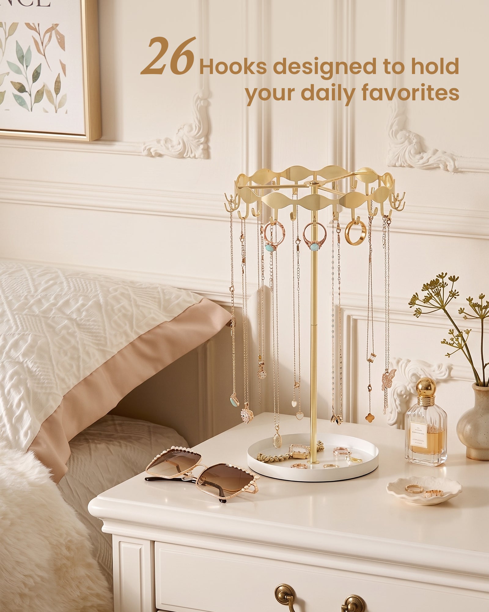 Necklace Organizer Holder with 26 Hooks & Metal Base Tray