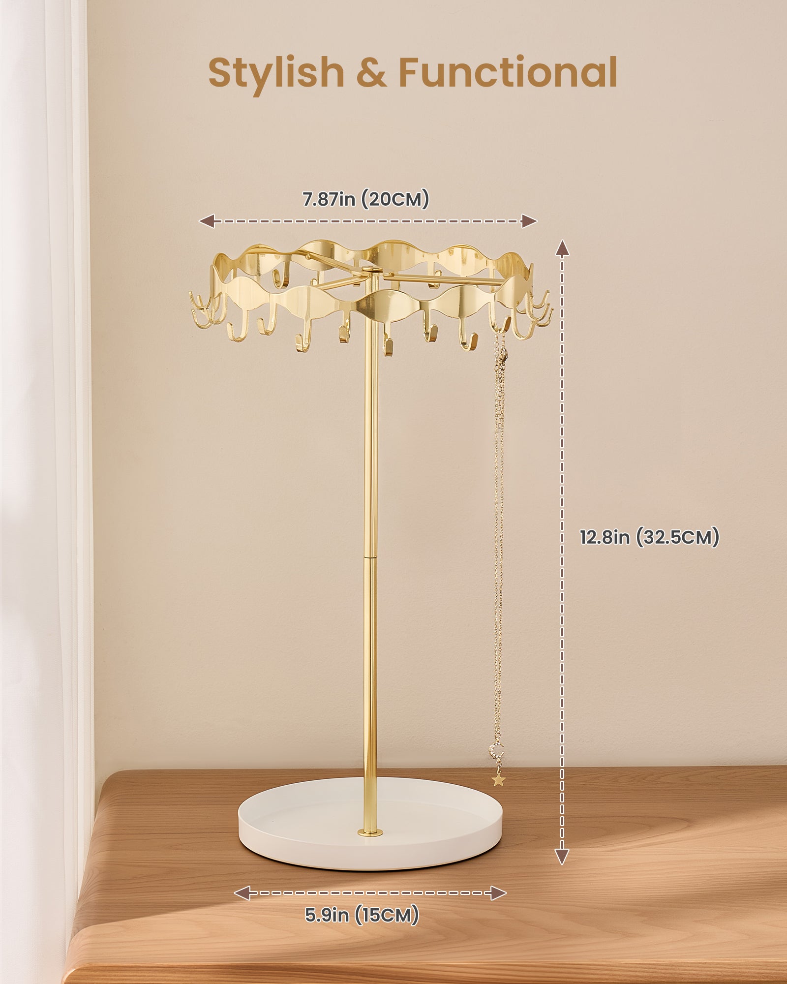 Necklace Organizer Holder with 26 Hooks & Metal Base Tray