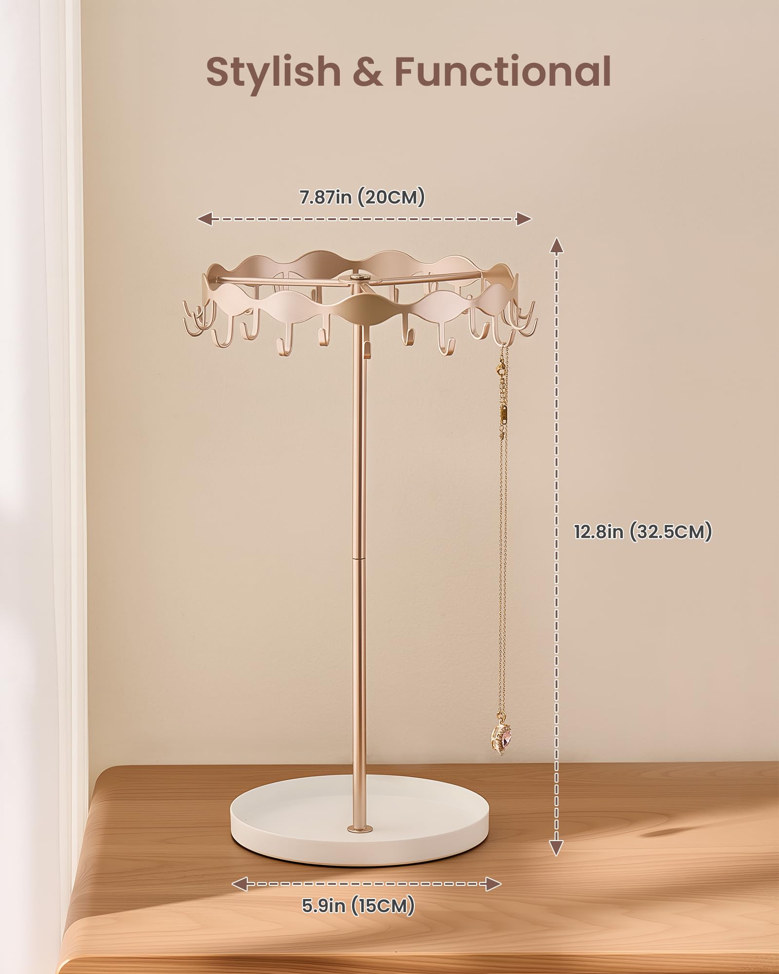 Necklace Organizer Holder with 26 Hooks & Metal Base Tray