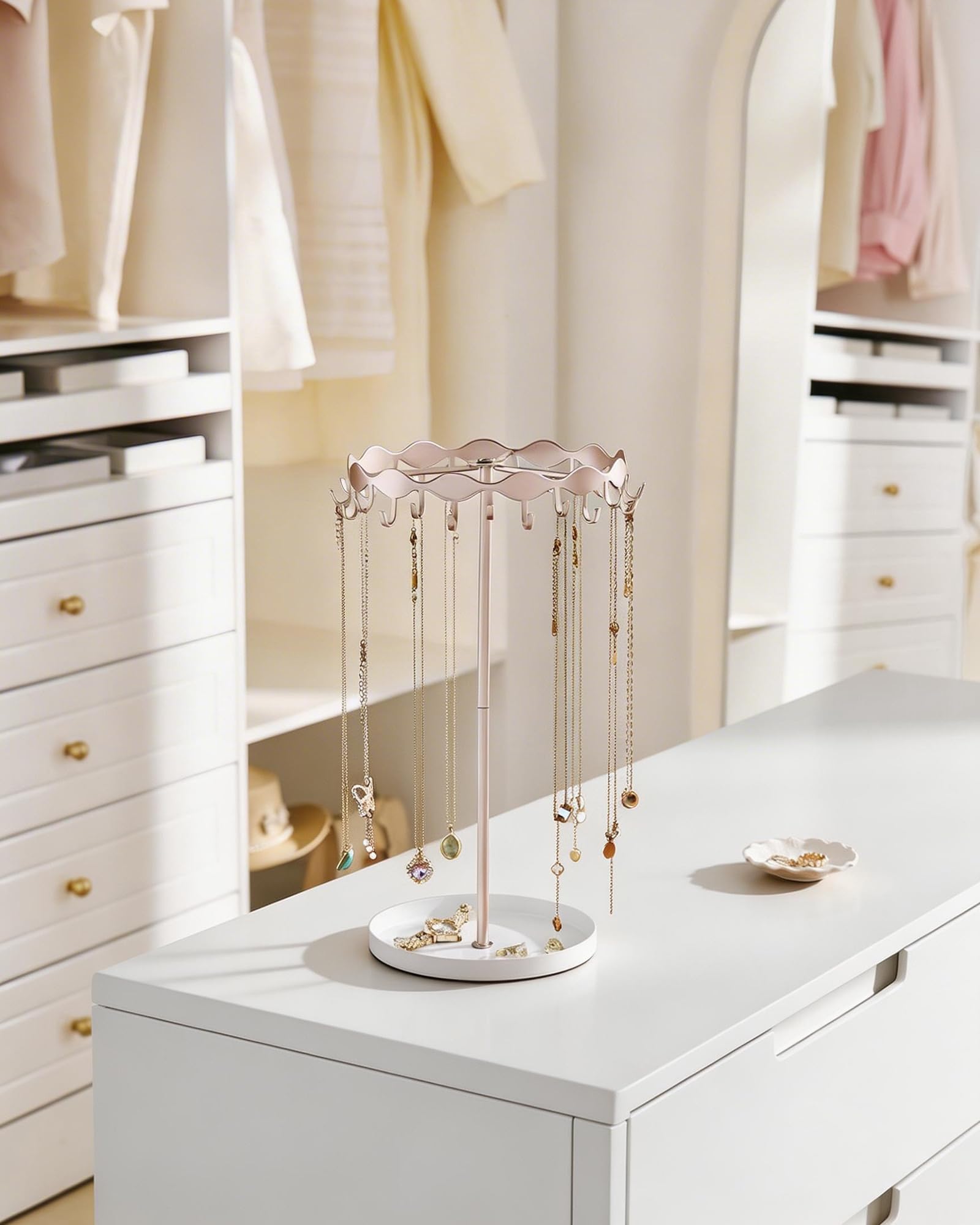 Necklace Organizer Holder with 26 Hooks & Metal Base Tray