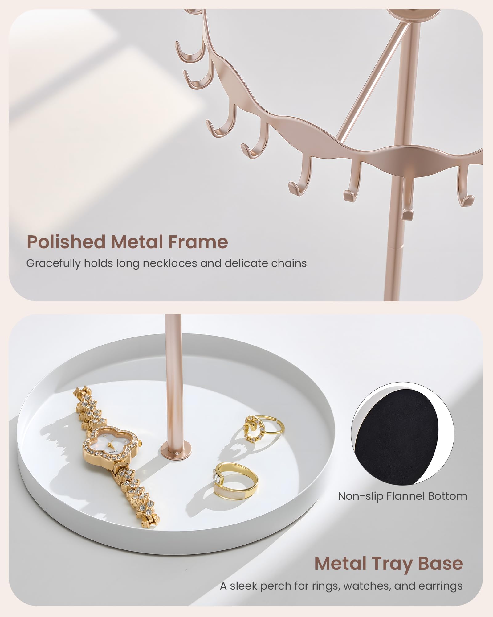 Necklace Organizer Holder with 26 Hooks & Metal Base Tray