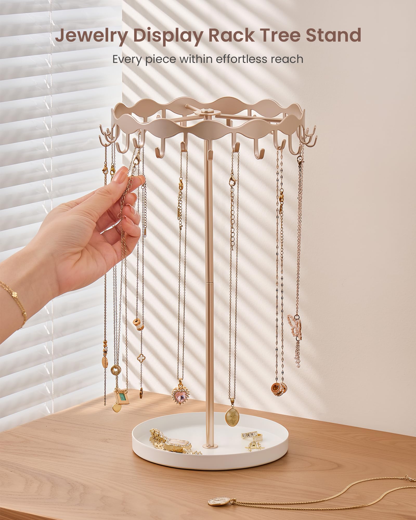 Necklace Organizer Holder with 26 Hooks & Metal Base Tray
