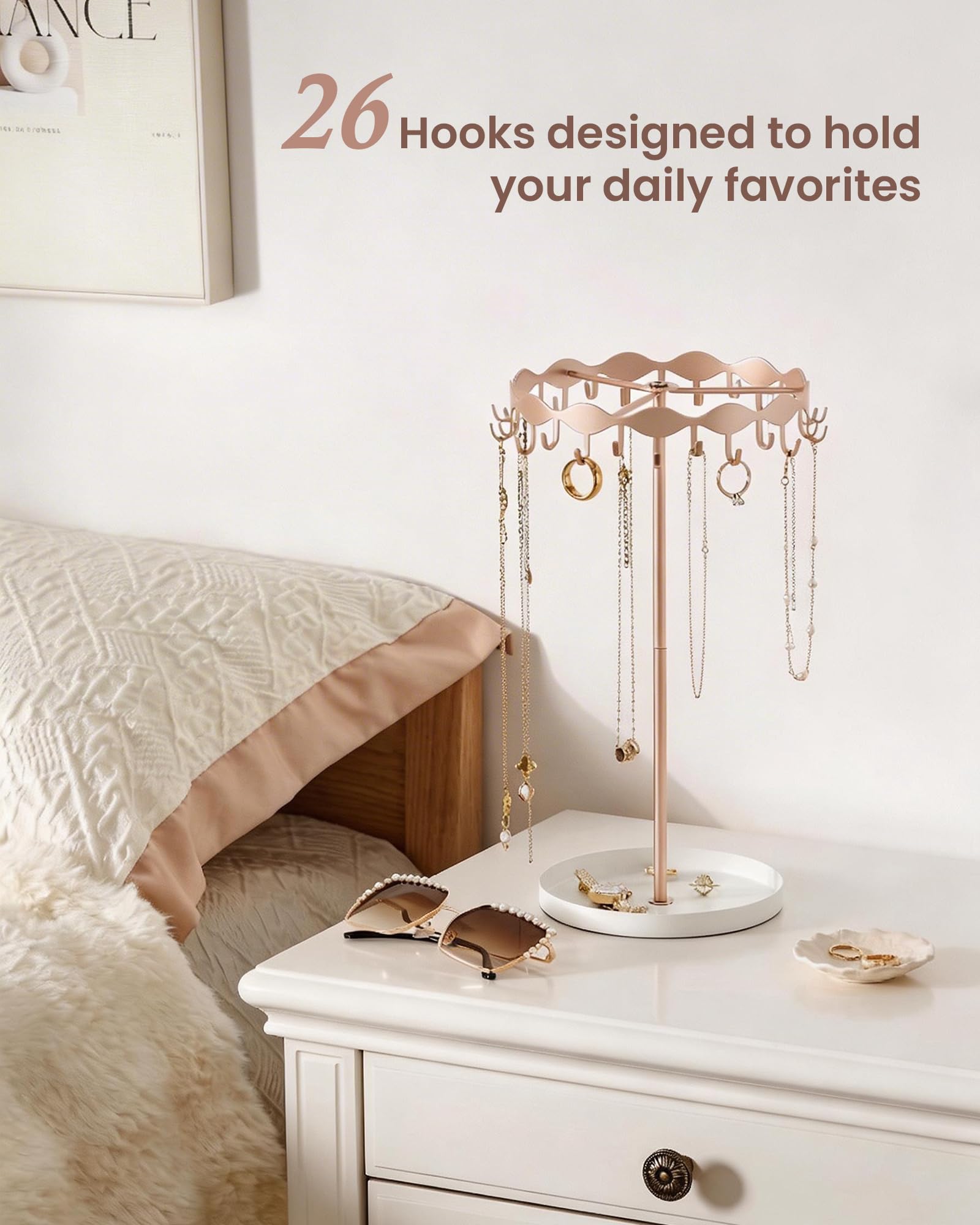 Necklace Organizer Holder with 26 Hooks & Metal Base Tray