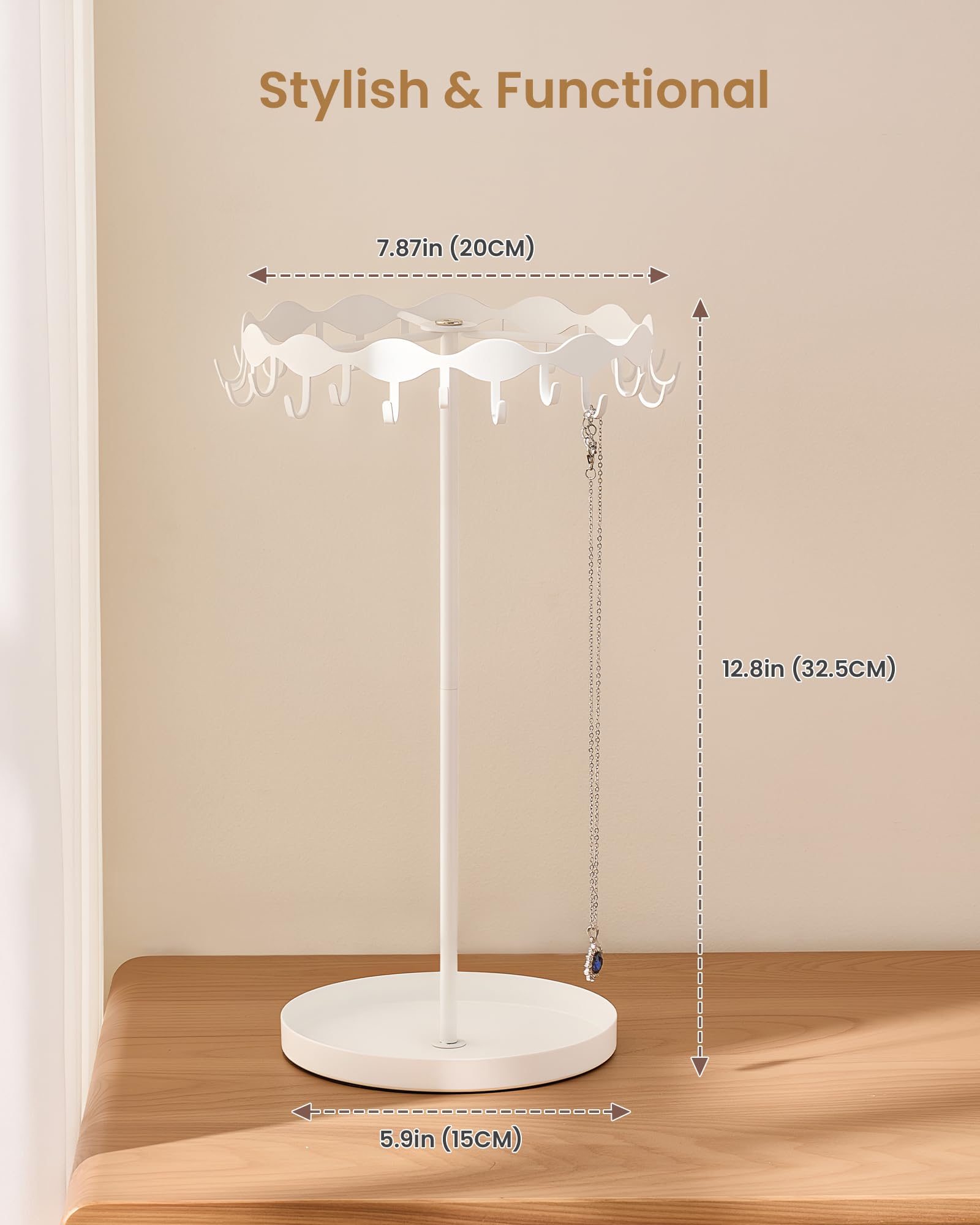 Necklace Organizer Holder with 26 Hooks & Metal Base Tray