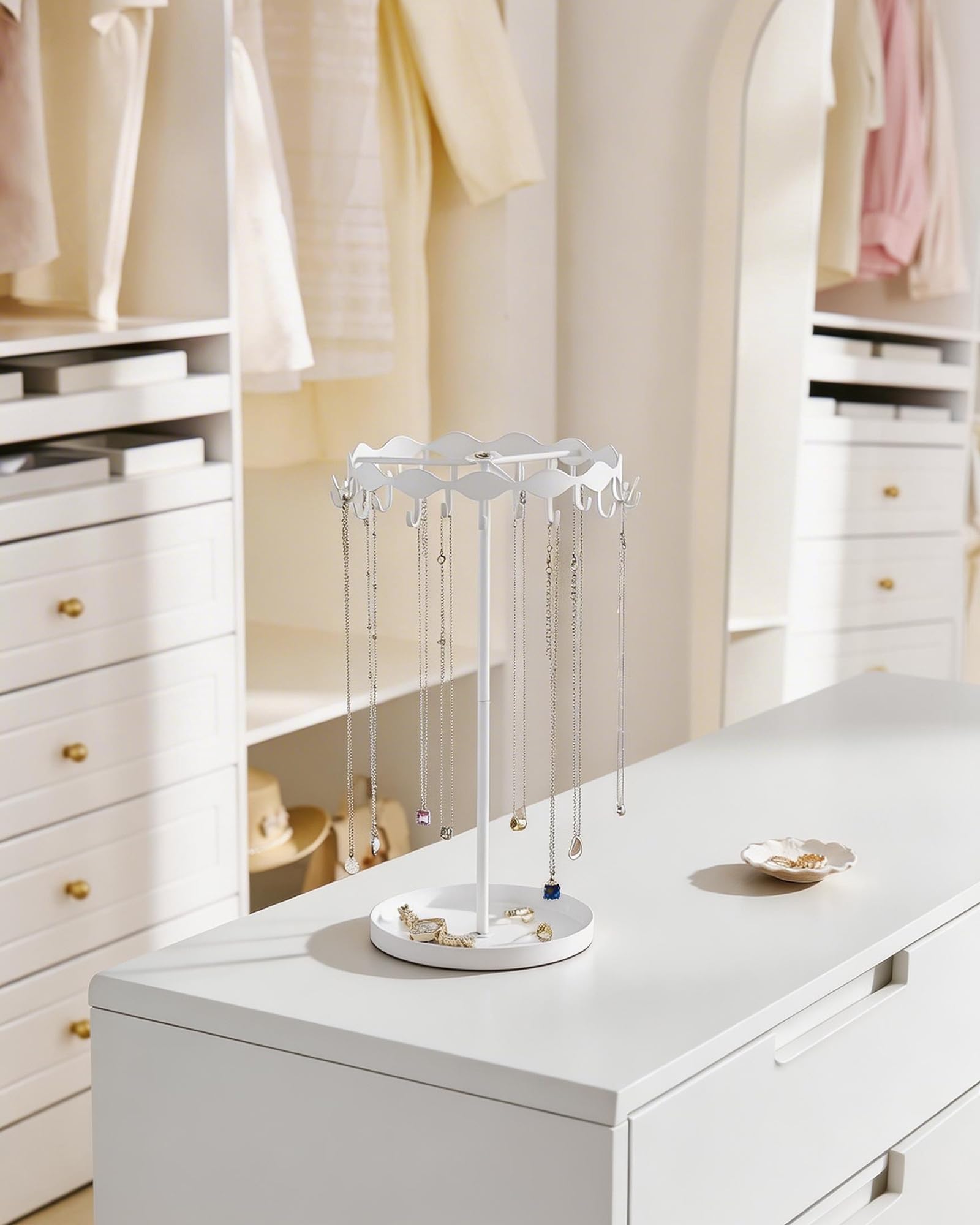 Necklace Organizer Holder with 26 Hooks & Metal Base Tray