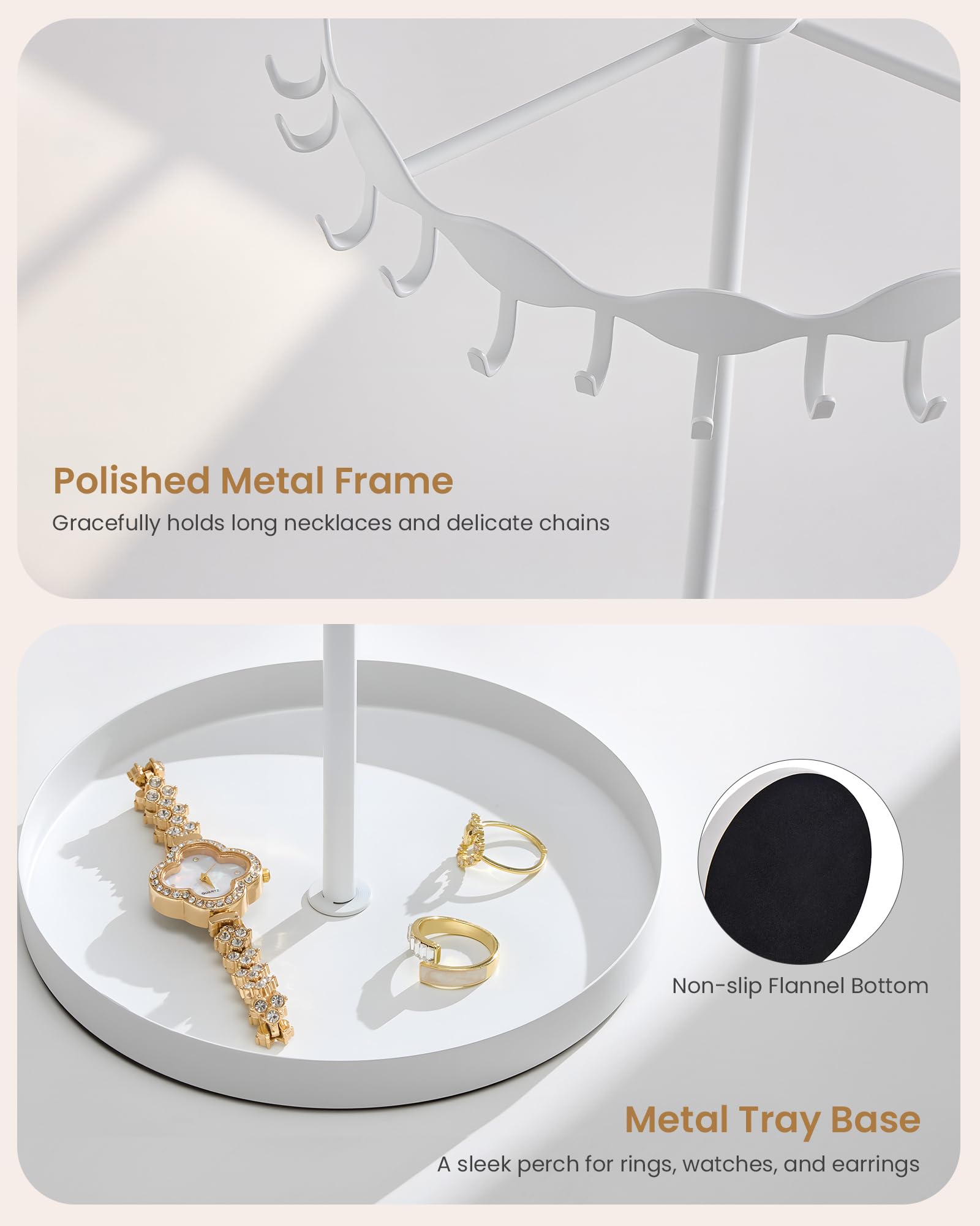 Necklace Organizer Holder with 26 Hooks & Metal Base Tray