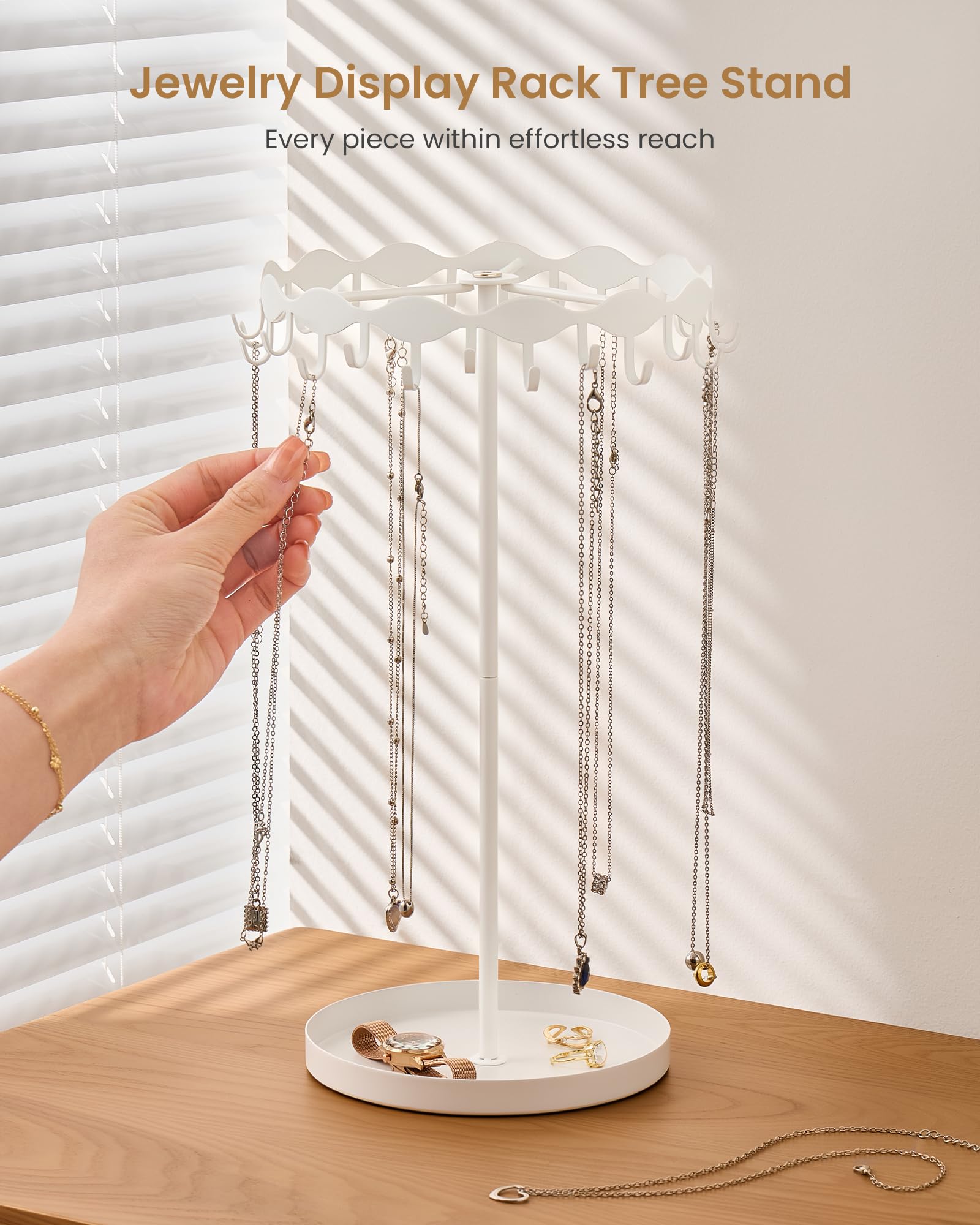 Necklace Organizer Holder with 26 Hooks & Metal Base Tray