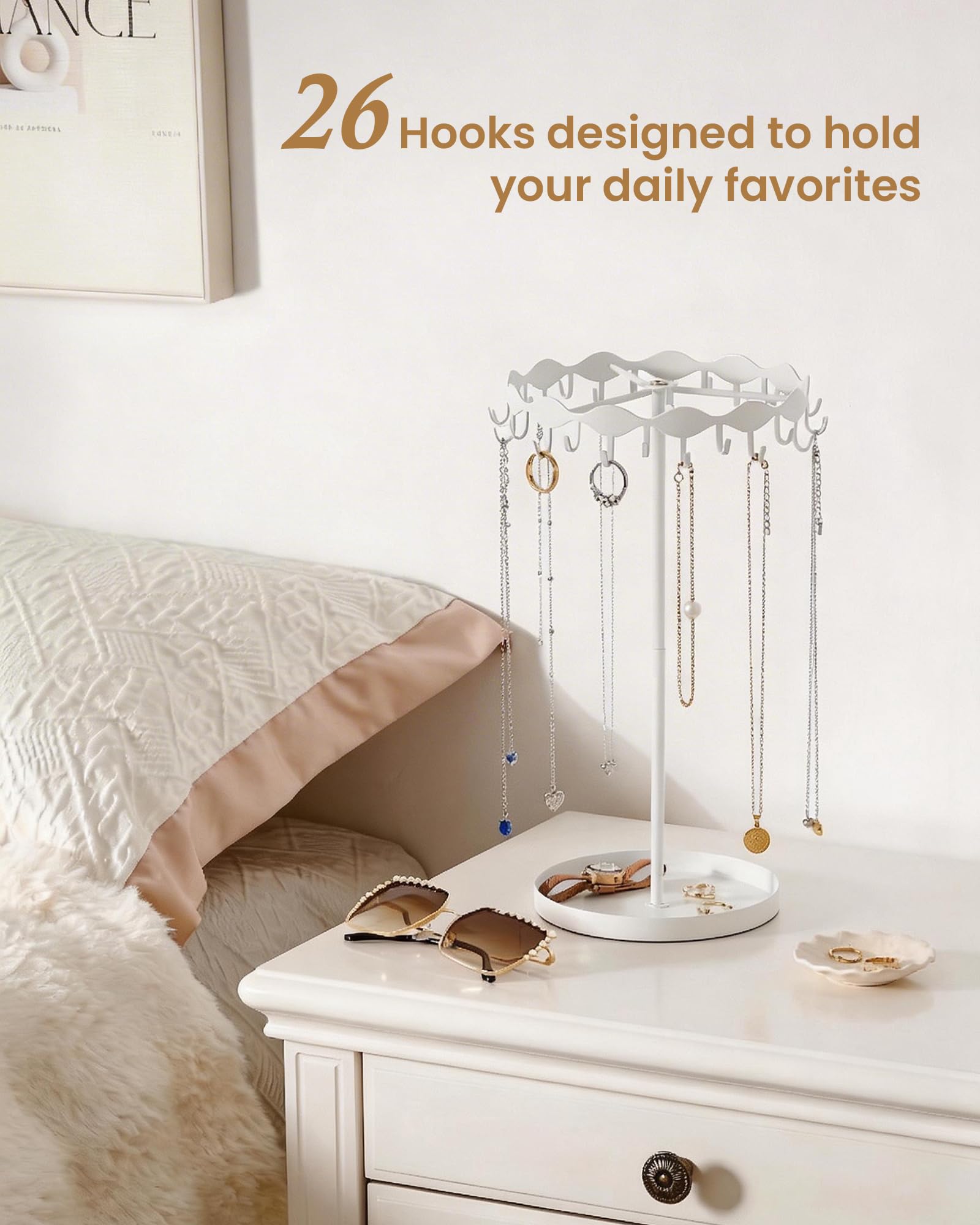 Necklace Organizer Holder with 26 Hooks & Metal Base Tray