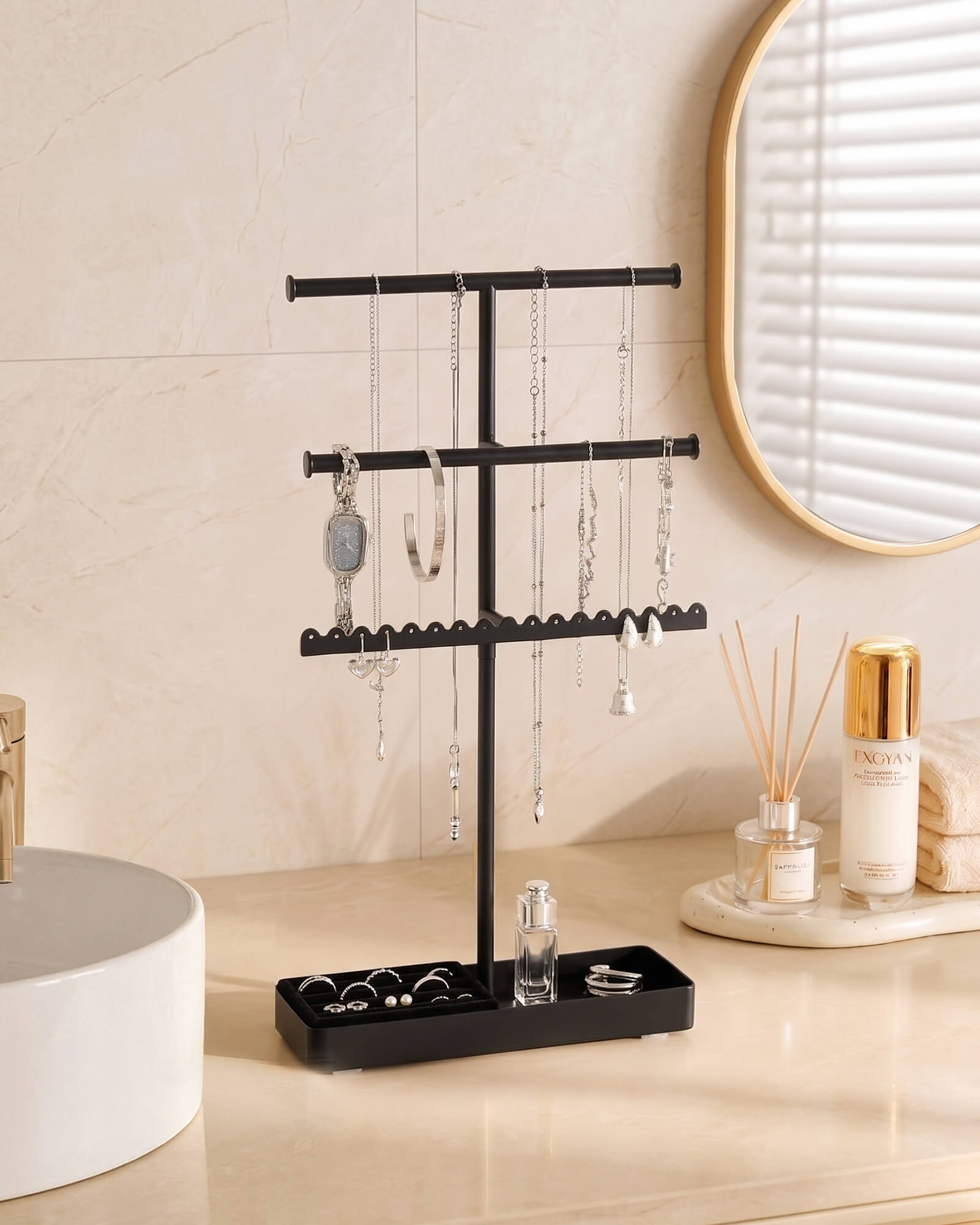 3/4/5 Tiers Jewelry Display Stand with Sturdy Metal Base Velvet Ring Tray