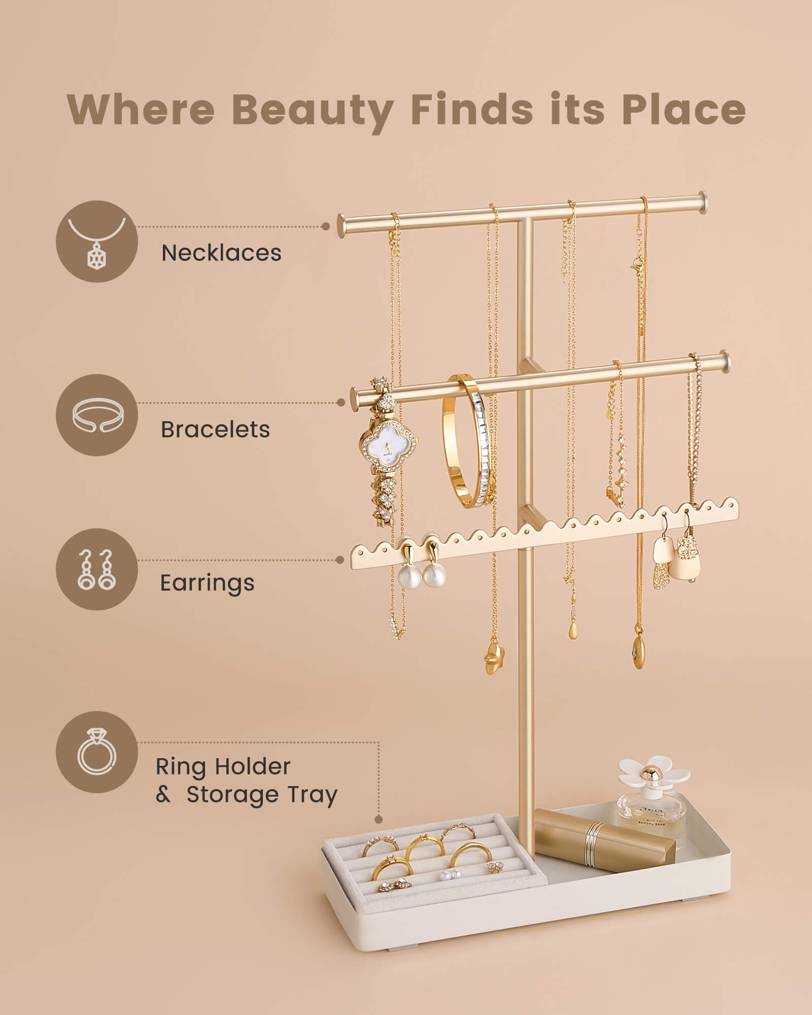 3/4/5 Tiers Jewelry Display Stand with Sturdy Metal Base Velvet Ring Tray