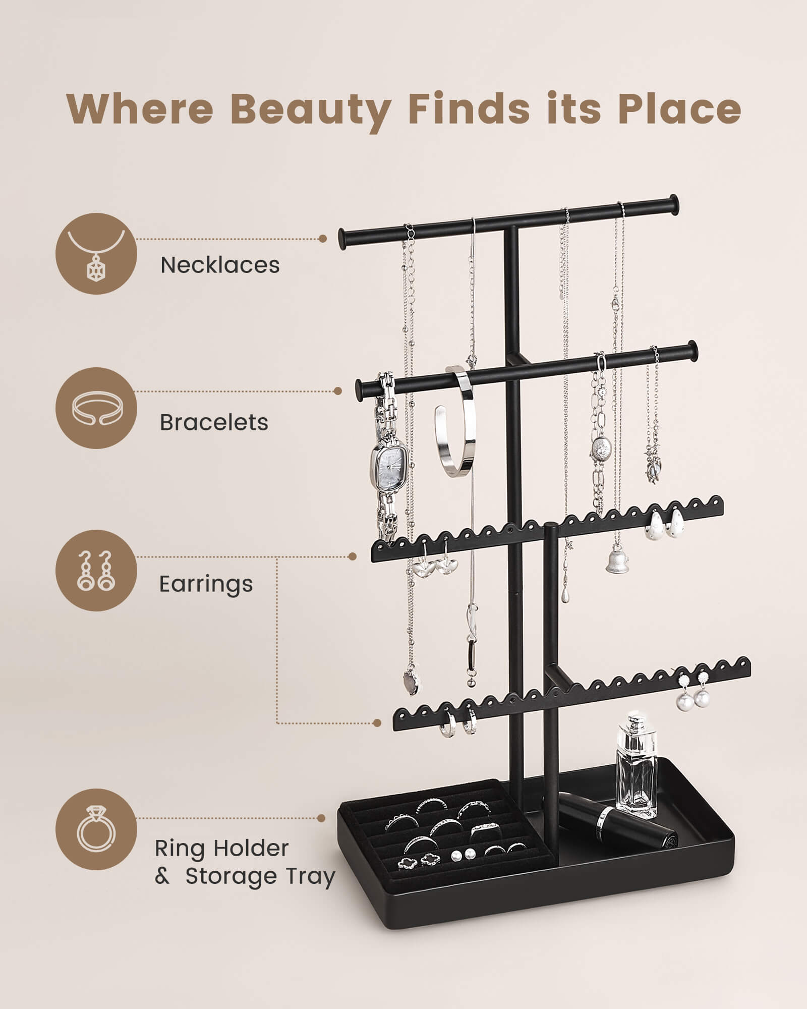 3/4/5 Tiers Jewelry Display Stand with Sturdy Metal Base Velvet Ring Tray