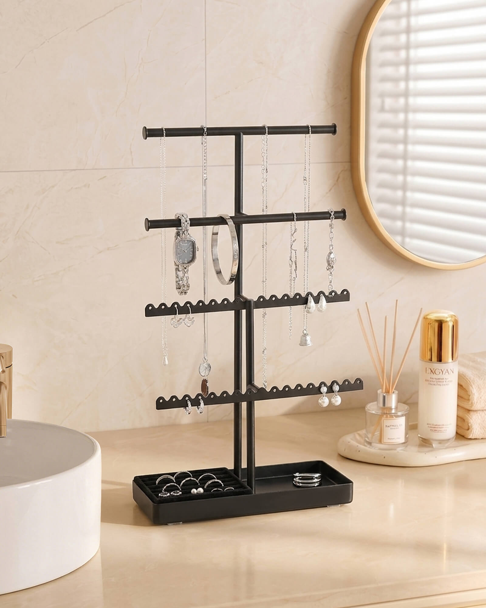 3/4/5 Tiers Jewelry Display Stand with Sturdy Metal Base Velvet Ring Tray