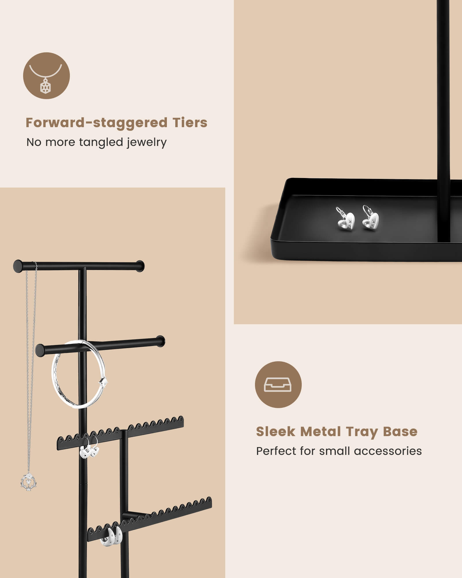 3/4/5 Tiers Jewelry Display Stand with Sturdy Metal Base Velvet Ring Tray