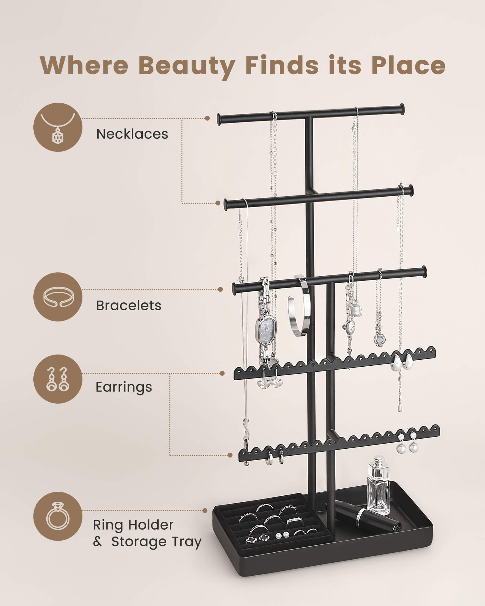 3/4/5 Tiers Jewelry Display Stand with Sturdy Metal Base Velvet Ring Tray