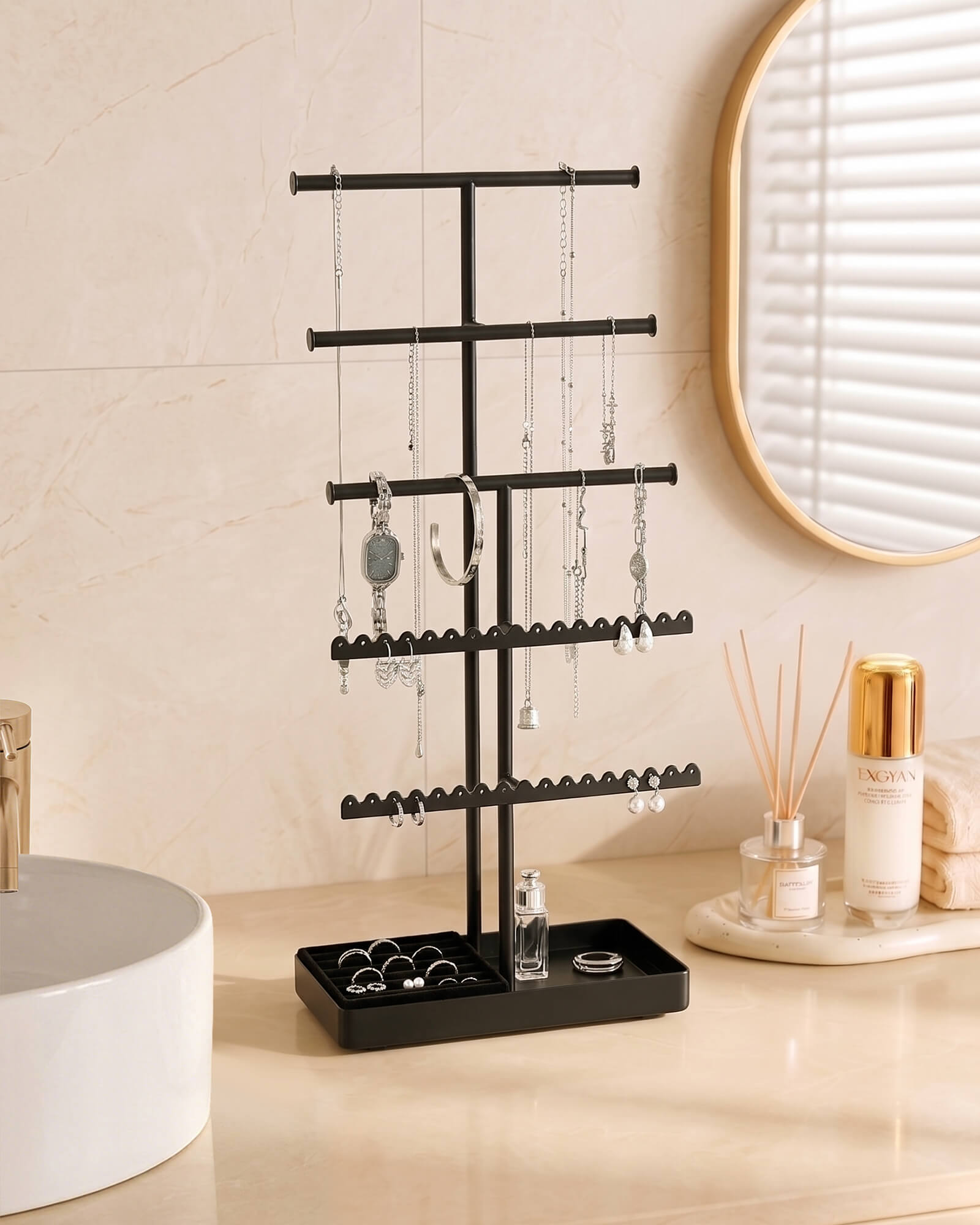 3/4/5 Tiers Jewelry Display Stand with Sturdy Metal Base Velvet Ring Tray
