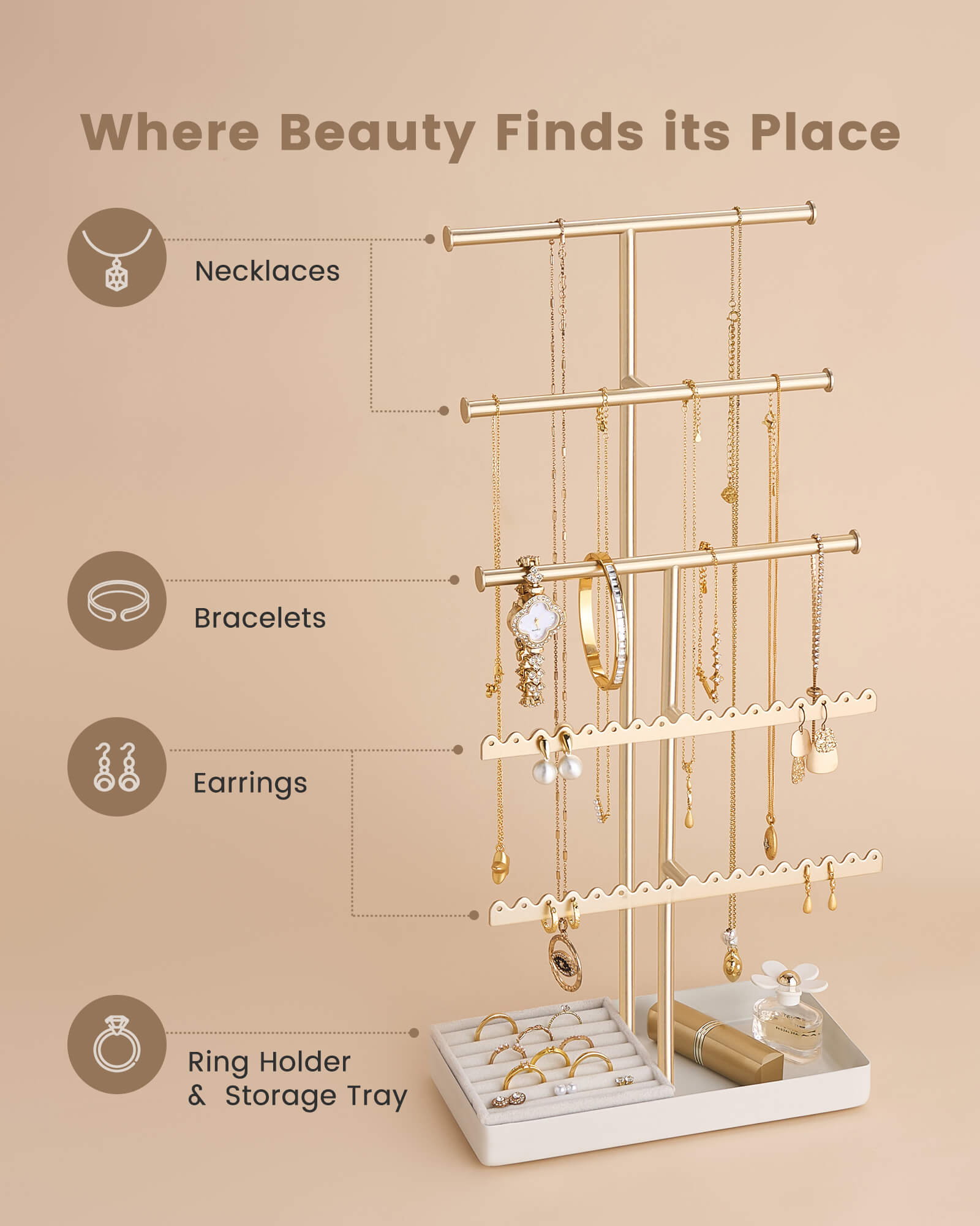 3/4/5 Tiers Jewelry Display Stand with Sturdy Metal Base Velvet Ring Tray