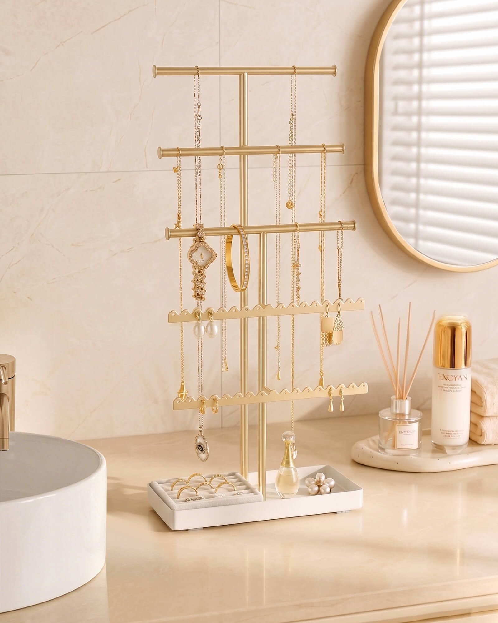 3/4/5 Tiers Jewelry Display Stand with Sturdy Metal Base Velvet Ring Tray