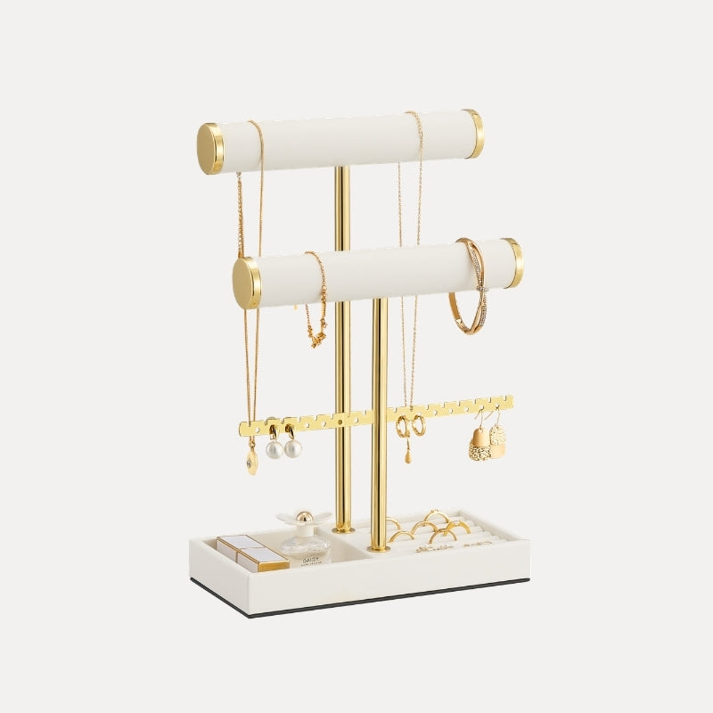 Tiered jewelry organizer stands with necklace bars, earring rack, and ring tray