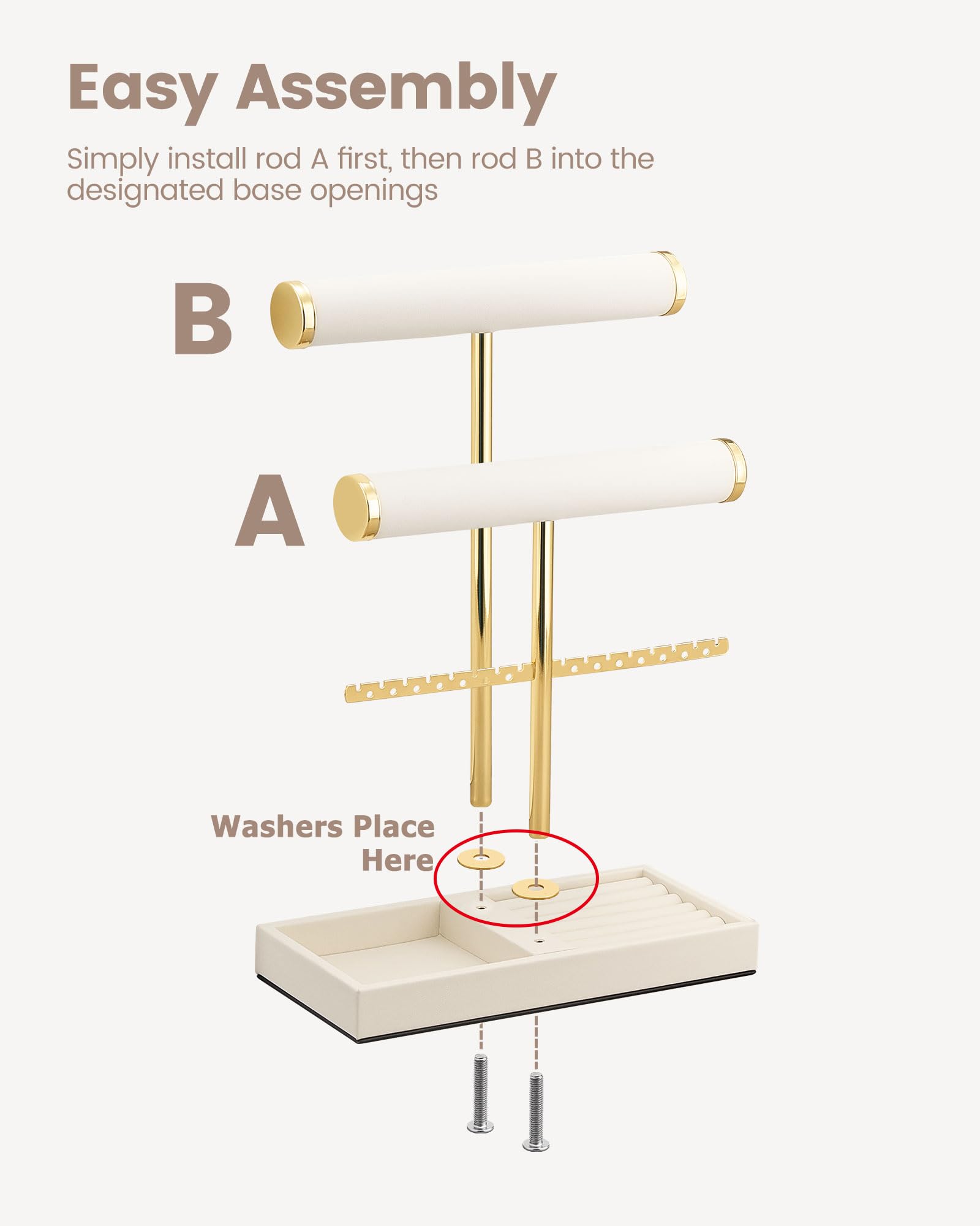 3-tier beige jewelry organizer stand with necklace bars, earring rack, and ring tray showing full organizer setup