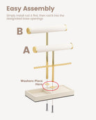 3-tier beige jewelry organizer stand with necklace bars, earring rack, and ring tray showing full organizer setup