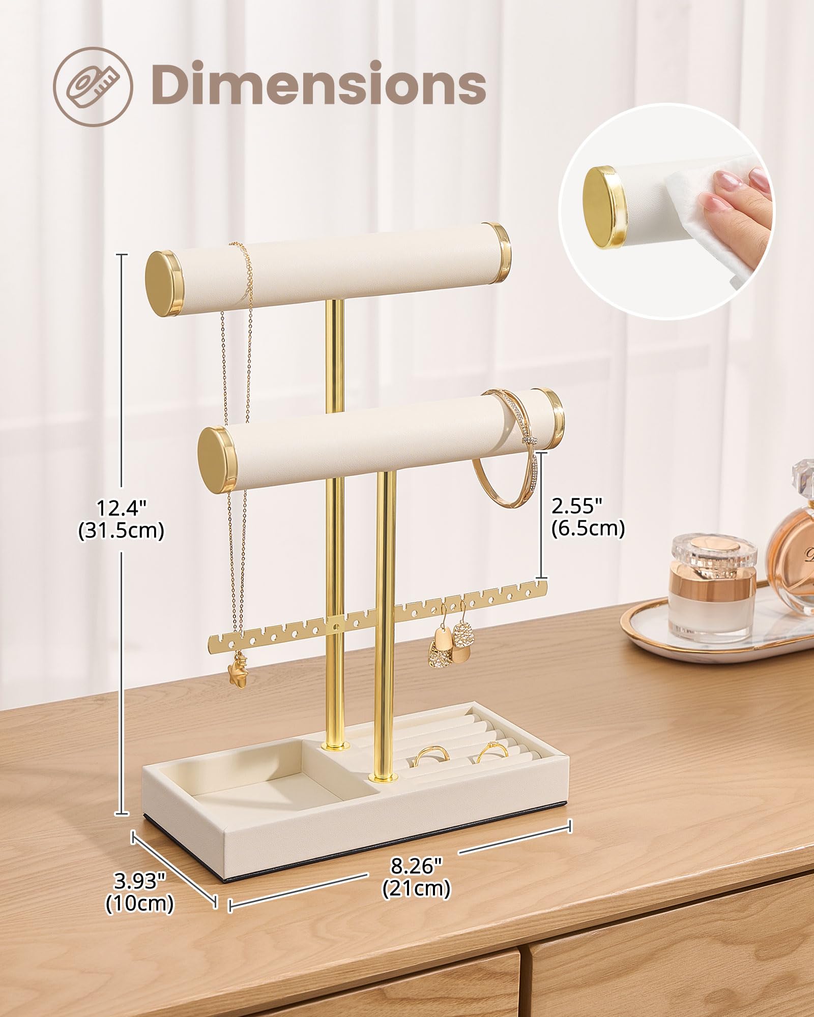 3-tier beige jewelry organizer stand with necklace bars, earring rack, and ring tray showing earring rack and necklace bars