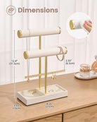 3-tier beige jewelry organizer stand with necklace bars, earring rack, and ring tray showing earring rack and necklace bars