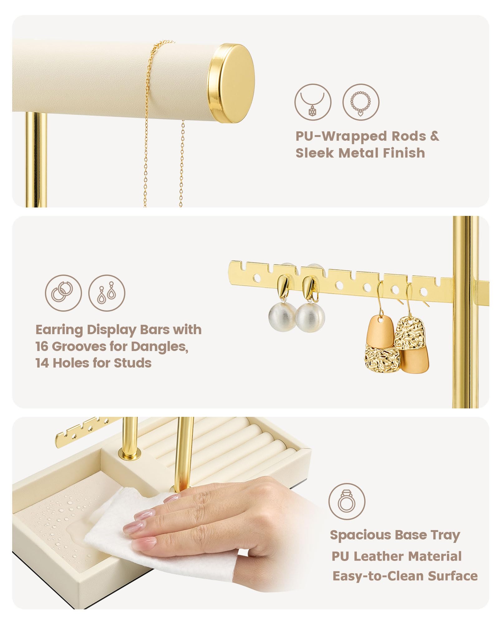 3-tier beige jewelry organizer stand with necklace bars, earring rack, and ring tray showing velvet ring tray