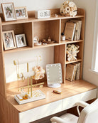 3-tier beige jewelry organizer stand with necklace bars, earring rack, and ring tray showing tiered construction and display capacity