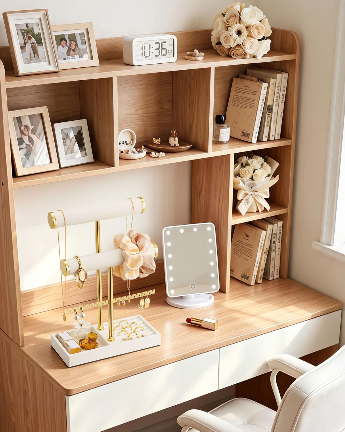 3-tier beige jewelry organizer stand with necklace bars, earring rack, and ring tray showing tiered construction and display capacity