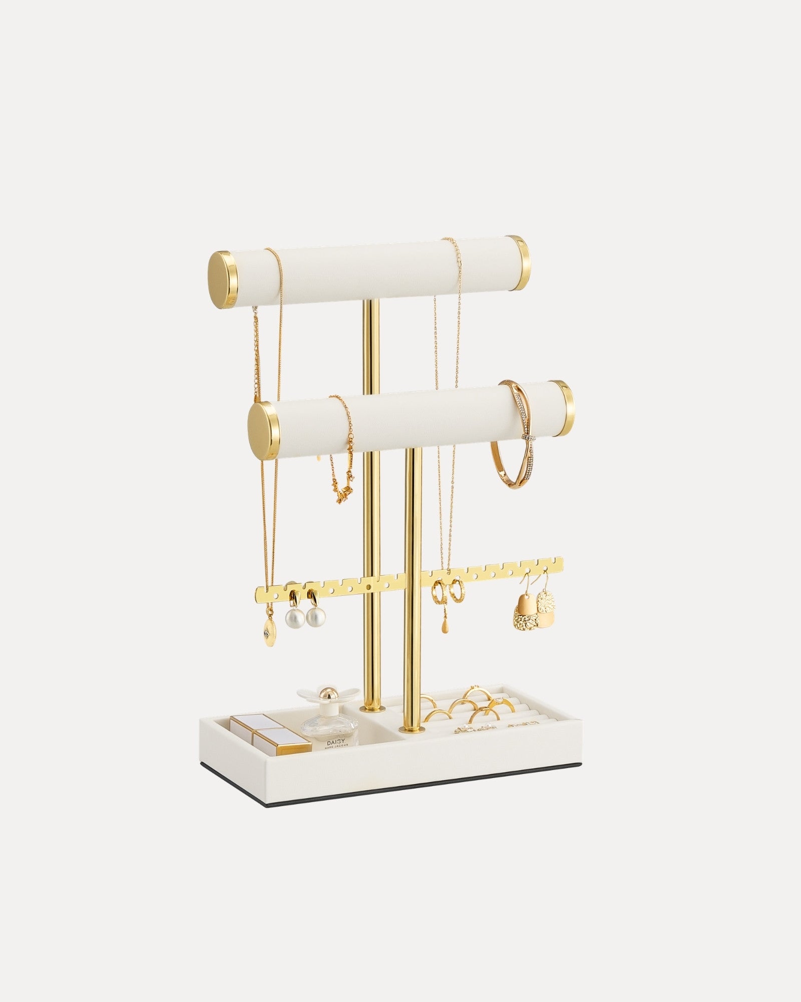 3-tier beige jewelry organizer stand with necklace bars, earring rack, and ring tray