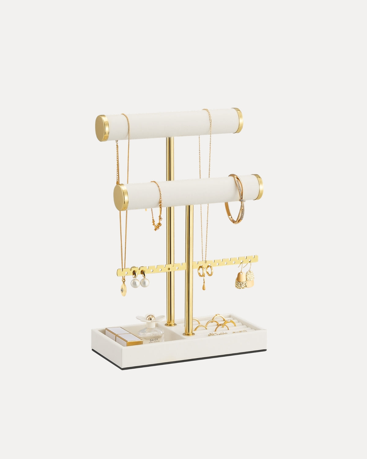 3-tier beige jewelry organizer stand with necklace bars, earring rack, and ring tray