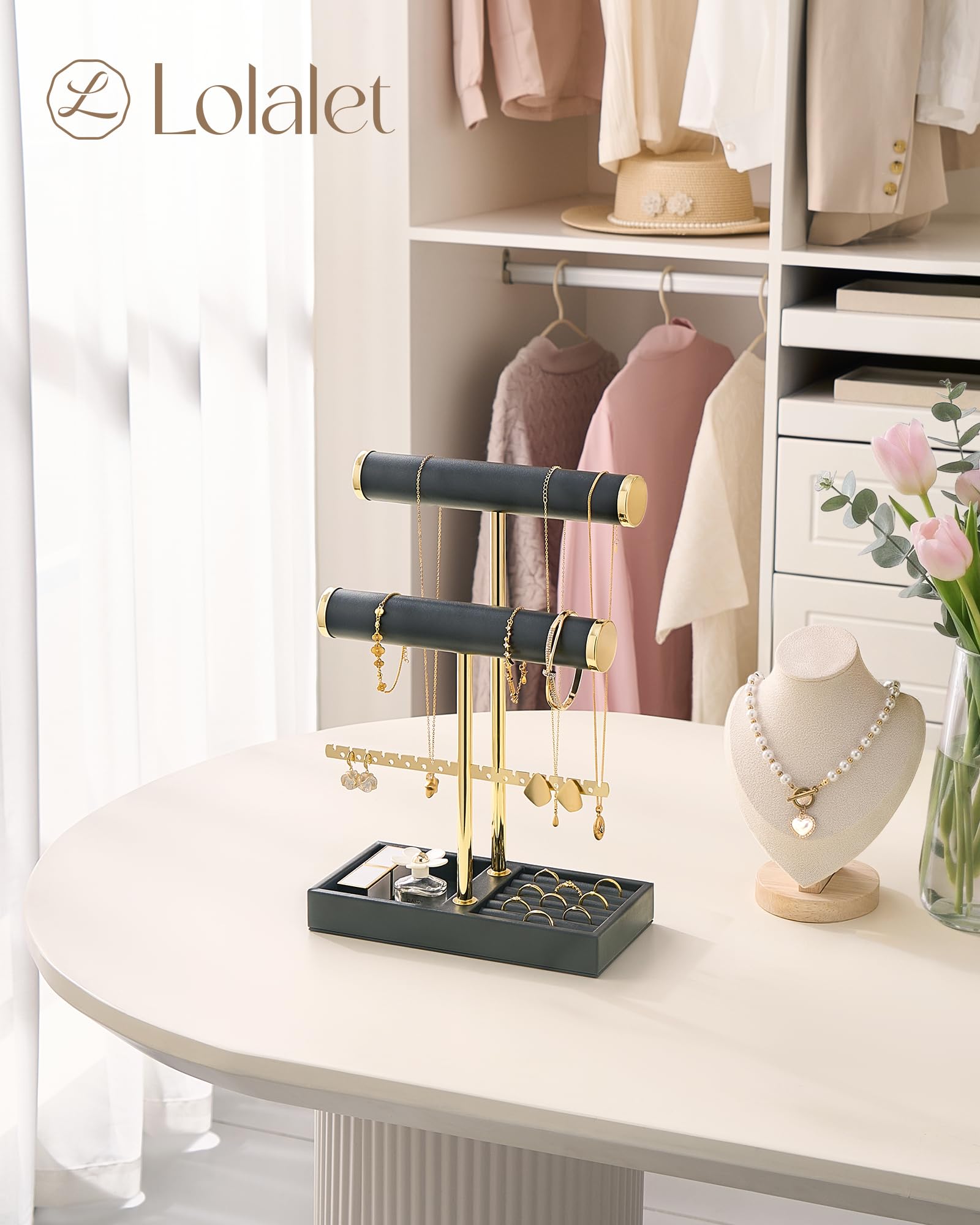 3-tier black jewelry organizer stand with necklace bars, earring rack, and ring tray showing full organizer setup