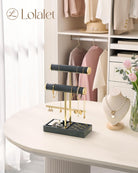 3-tier black jewelry organizer stand with necklace bars, earring rack, and ring tray showing full organizer setup