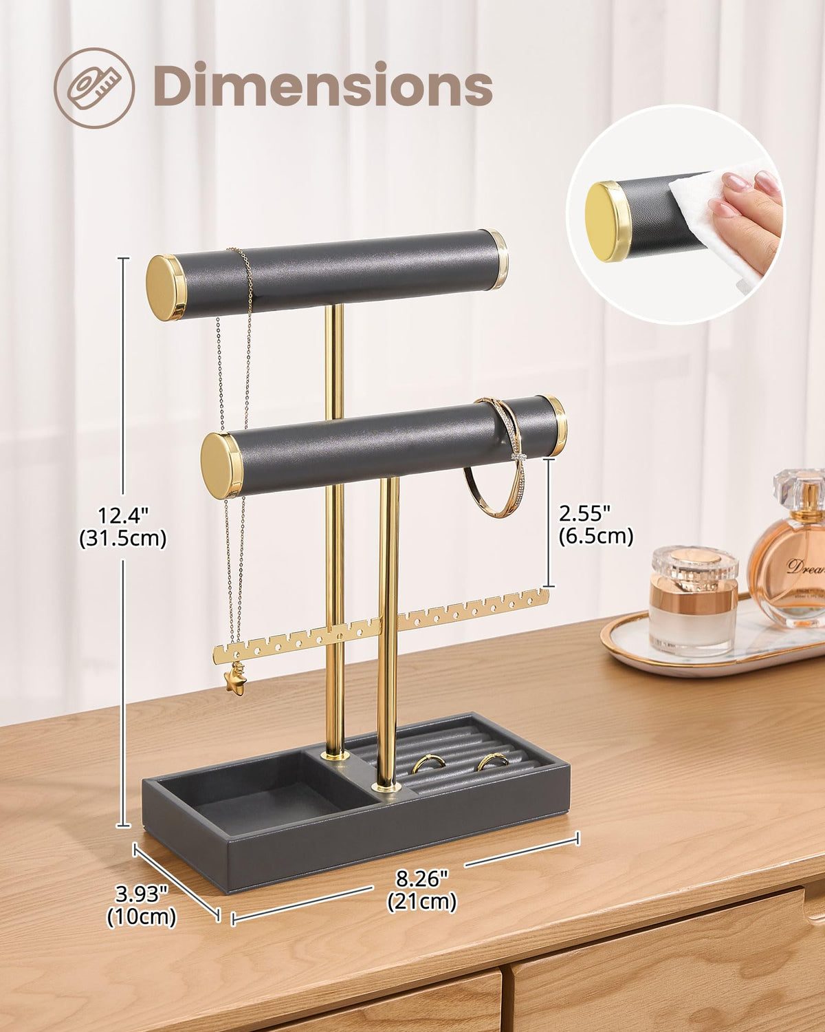 3-tier black jewelry organizer stand with necklace bars, earring rack, and ring tray showing organized storage layout