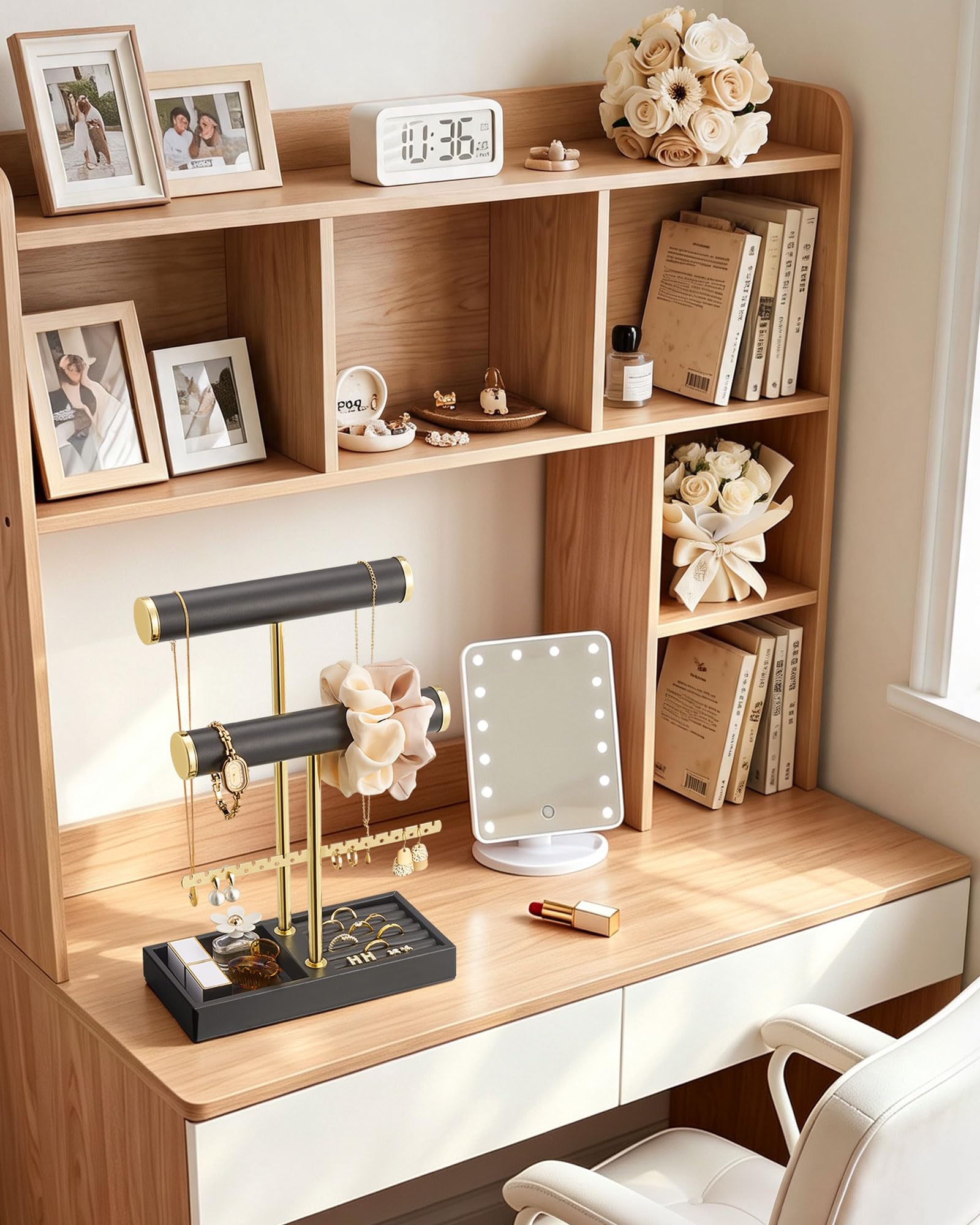 3-tier black jewelry organizer stand with necklace bars, earring rack, and ring tray showing earring rack and necklace bars