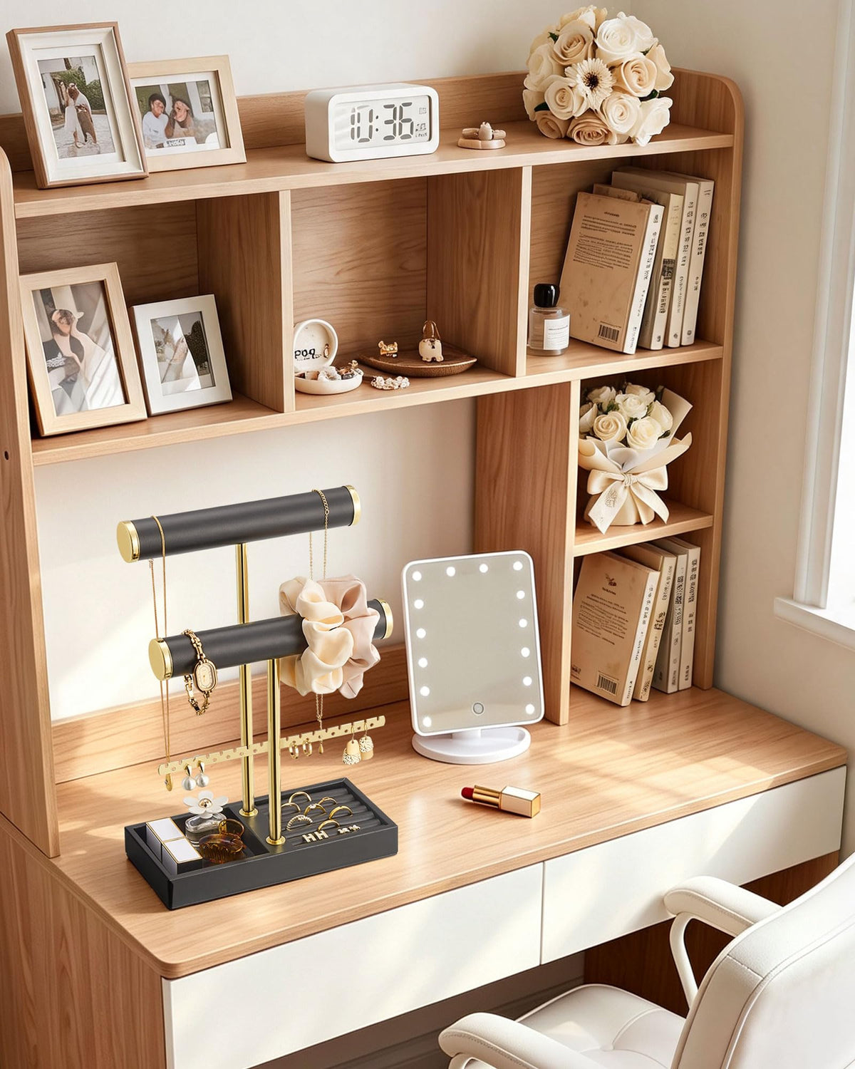 3-tier black jewelry organizer stand with necklace bars, earring rack, and ring tray showing earring rack and necklace bars